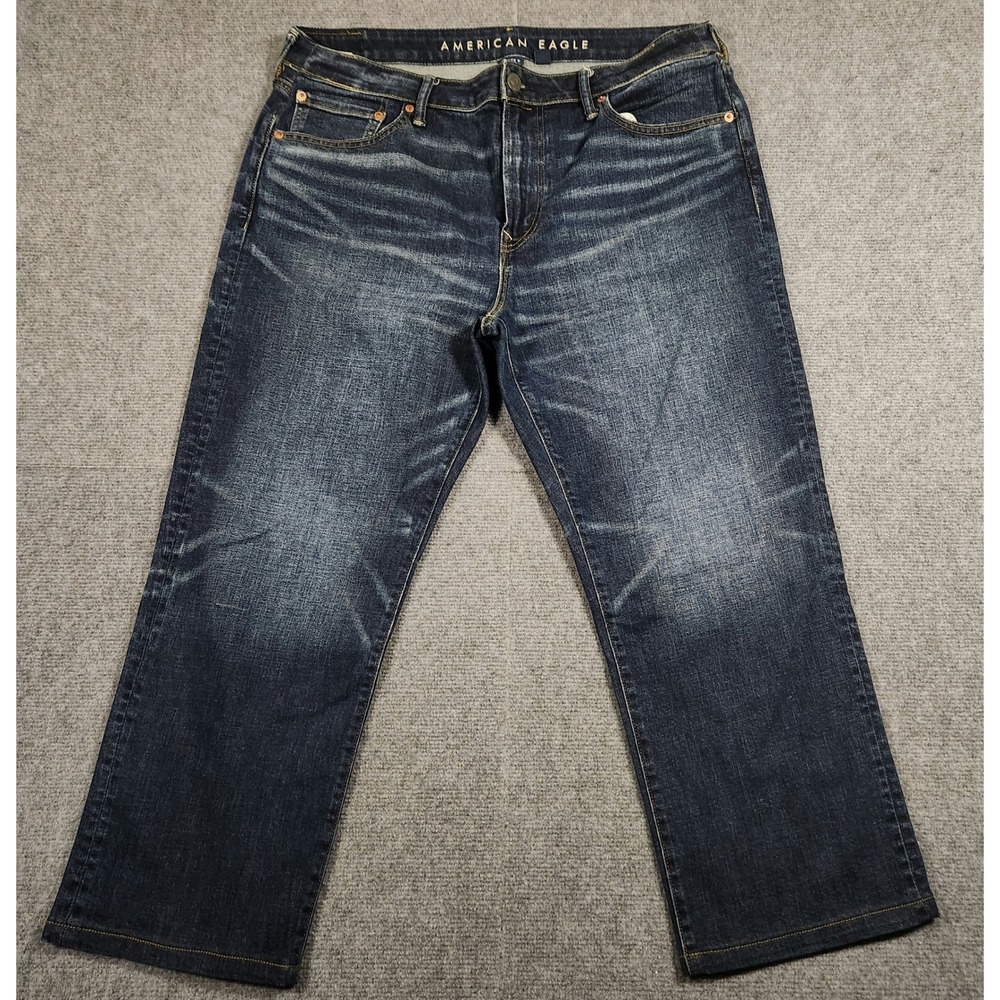 American Eagle Jeans Mens 36x30 Blue Whiskered Stretch Straight Leg Denim